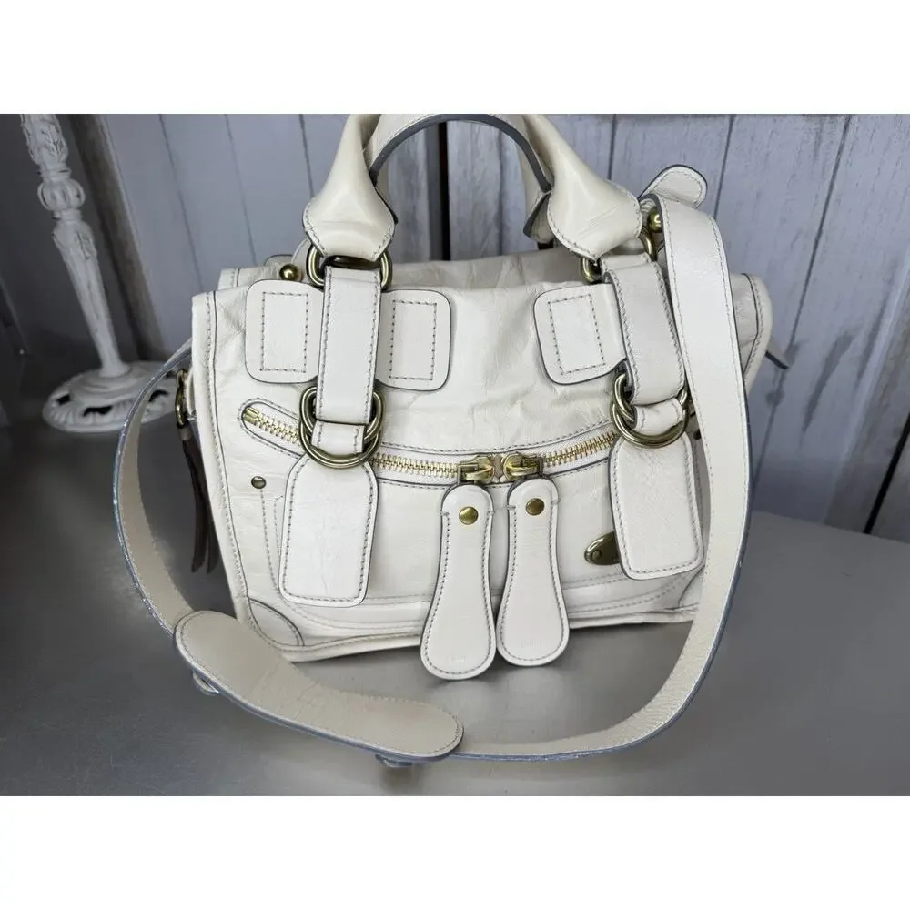 Chloé Bay Top Handle Shoulder Bag Cream Crinkle Leather Satchel Chunky Zip